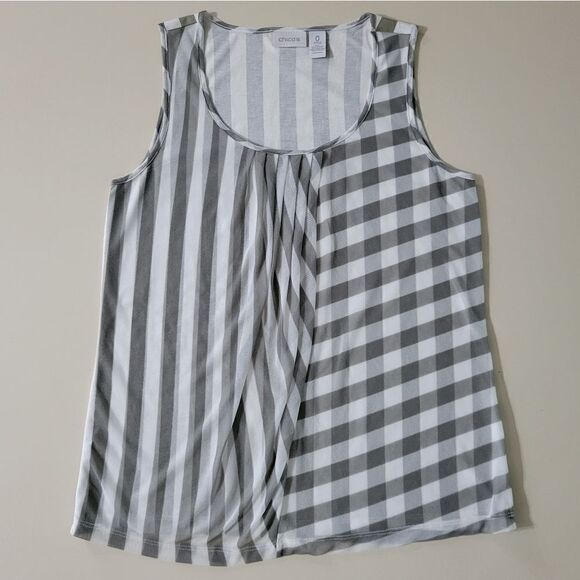 Chico's Striped Scoop-neck Tank Top with Sheer Front Overlay - Picture 1 of 11